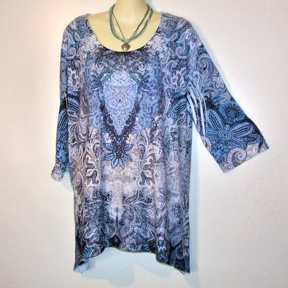Catherines 0X 16 Blue Paisley Rhinestone Top H390 - Picture 5 of 7